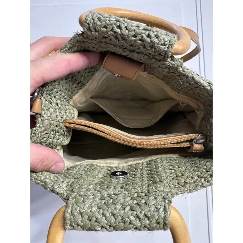 Fossil Green Weave Crochet Wooden Handles Hobo Bag Purse Woven Crossbody Strap